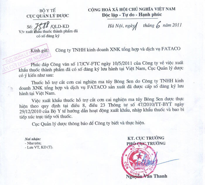 huốc cai nghiện Bông Sen được cấp phép xuất khẩu ra nước ngoài theo quyết định của Bộ Y Tế năm 2011